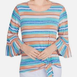 Ruby Rd Botanical Garden Multicolor Stretch Stripe Top with Pleated Sleeve